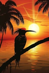 Canvas Print - Tropical Sunset Silhouette of Bird on Branch with Palm Trees