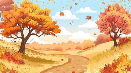 Wall Mural - Autumn Landscape with Winding Path and Falling Leaves