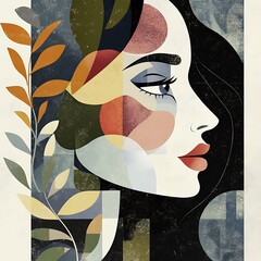 Wall Mural - Abstract Woman Portrait With Geometric Shapes And Leaves