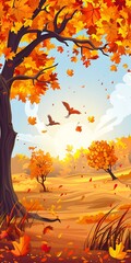 Canvas Print - Autumn Landscape with Falling Leaves and Birds