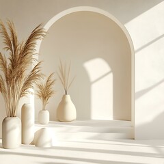 Canvas Print - Minimalist White Archway Interior With Pampas Grass