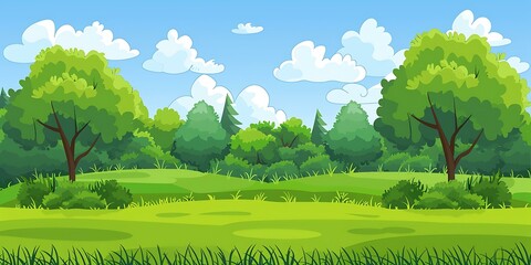 Green Forest Landscape with Blue Sky and White Clouds