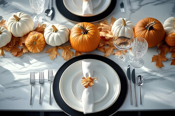 Canvas Print - Modern table setting for fall holidays, thanksgiving, halloween, wedding with pumpkins and autumn leaves