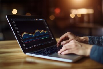 Poster - analyzing financial market trends on a laptop in a cozy workspace during evening hours