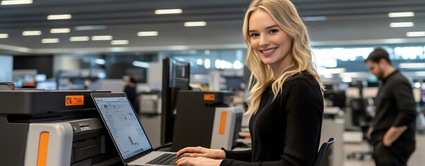 Sticker - Smiling Businesswoman Working on a Laptop in an Office