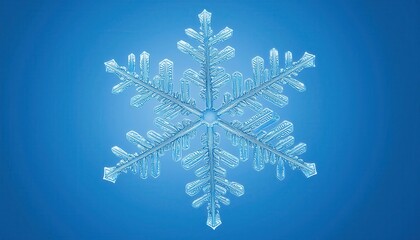Poster - Macro Photograph of a Detailed Hexagonal Snowflake with Intricate Branching Patterns Against a Soft Blue Winter Sky Background, Capturing the Fragility and Uniqueness of Natural Ice Crystals