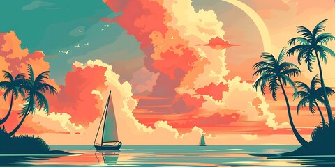 Sticker - Tropical Sunset with Sailboats and Palm Trees