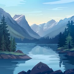 Poster - Mountain Lake Landscape Illustration