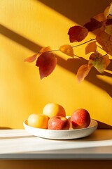 Sticker - Autumn Still Life with Apples and Leaves on Yellow Wall