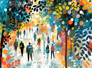 Canvas Print - Abstract Colorful Illustration of People Walking in a Park