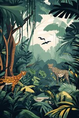 Wall Mural - Tropical Jungle Landscape With Two Cheetahs