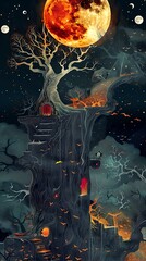 Wall Mural - Fantasy Treehouse Illustration With Red Moon And Flying Birds