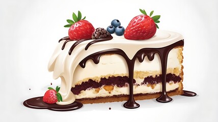 tasty mouthwatering slice of cake illustration with strawberry, yummy food, delicious dessert, AI Generative