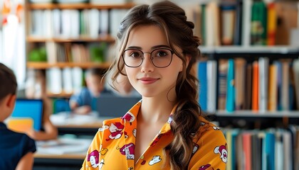 Vibrant cartoon depiction of a cheerful young primary school teacher in a colorful classroom office setting