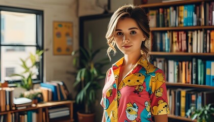 Vibrant cartoon depiction of a cheerful young primary school teacher in a colorful classroom office setting