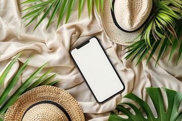 Wall Mural - Summer Phone Mockup with Palm Leaves and Straw Hats