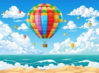 Poster - Colorful Hot Air Balloon Over Sea with Clouds Illustration