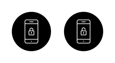 Poster - Lock and unlock on phone screen icon on black circle. Cellphone with padlock sign symbol