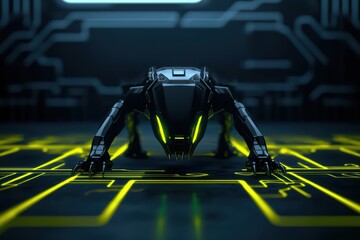 Futuristic robotic creature on a high-tech interface background.