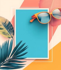 Wall Mural - Summer Vacation Minimalist Background With Sunglasses and Palm Leaves