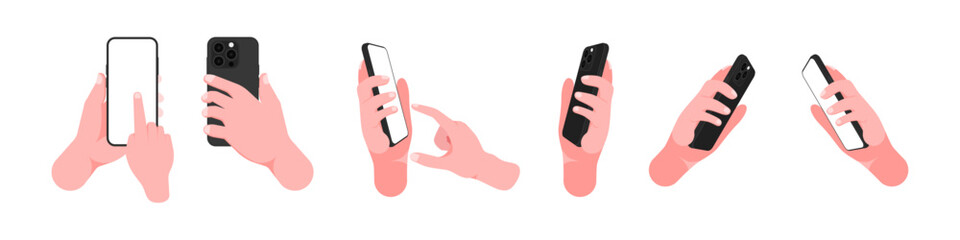 Poster - Hands Holding Smartphones with Blank Screens – Male and Female Fingers Touching Displays, Vector Illustrations