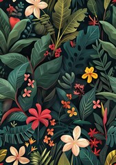 Wall Mural - Tropical Seamless Pattern with Colorful Flowers and Leaves