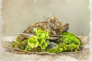 Wall Mural - Vintage Style Photo of a Bird Nest with Green Moss