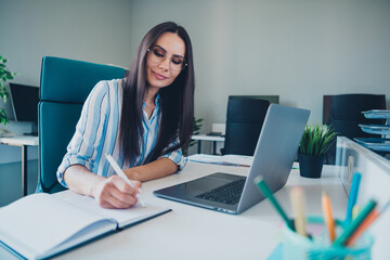 Canvas Print - Photo of professional lovely lady write notebook work netbook wear striped formalwear coworking successful businesswoman nice light office