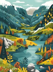 Wall Mural - Mountain Landscape Illustration With River and Trees