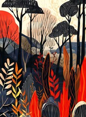 Wall Mural - Abstract Forest Landscape Illustration With Vibrant Colors