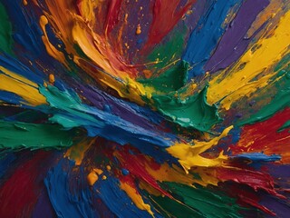Poster - Vibrant abstract painting with bold brushstrokes of orange, yellow, blue, green, and purple colors creating dynamic and energetic composition