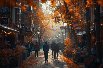 Autumn stroll through a bustling street lined with vibrant orange leaves and warm lights, inviting visitors to enjoy the seasonal atmosphere