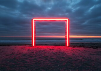 Canvas Print - Neon Light Frame On Beach at Sunset