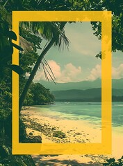 Canvas Print - Tropical Island Beach with Palm Tree and Yellow Frame