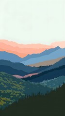 Sticker - Abstract Mountain Landscape Illustration With Pink, Blue, Green Colors