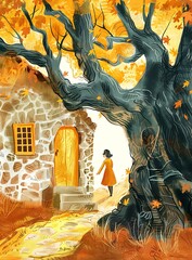 Wall Mural - Autumn Cottage Illustration with Woman in Yellow Coat