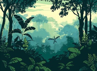 Wall Mural - Green Lush Tropical Rainforest Jungle Landscape Illustration