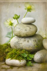 Wall Mural - Stacked Stones and Flowers in a Green Garden