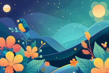 Wall Mural - Night Sky Illustration with Bird and Flowers