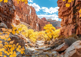 Sticker - Yellow Autumn Leaves in a Canyon With Red Rocks