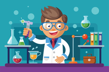 Poster - A cartoon scientist happily performs an exciting science experiment amidst colorful lab equipment, Cartoon Scientist Doing Science Experiment