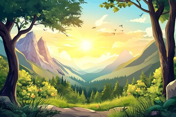 Wall Mural - Sunrise Over Mountain Landscape