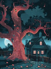 Canvas Print - Nighttime Illustration of a Big Tree with a House in the Backyard