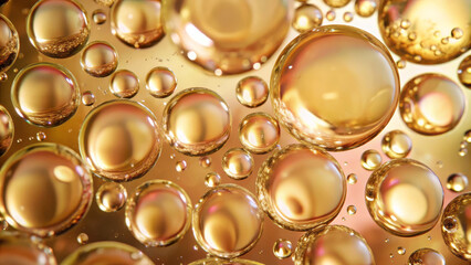 Poster - Golden bubbles display intricate reflections as they float in a liquid medium, creating a captivating visual effect. The light creates a stunning interplay of colors and shapes