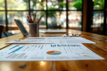 Poster - analysis reports and graphs arranged on a wooden table in a bright workspace during morning hours