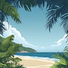 Sticker - Tropical Beach Landscape Illustration With Palm Trees And Blue Sky