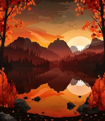 Wall Mural - Autumn Landscape with Mountain Lake and Sunset