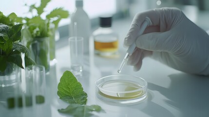 Aufkleber - Scientist using a dropper to add liquid to a petri dish with plant leaves nearby
