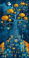 Wall Mural - Fantasy Tree Cityscape Illustration