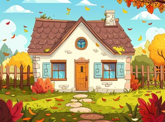 Sticker - Charming Cottage with Autumn Leaves